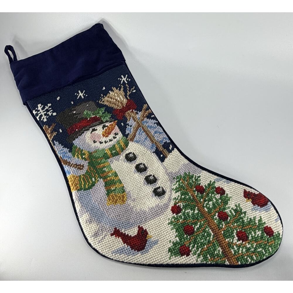 Vtg Wool Needlepoint Christmas Stocking Snowman Cardinal Blue White 17" Velvet